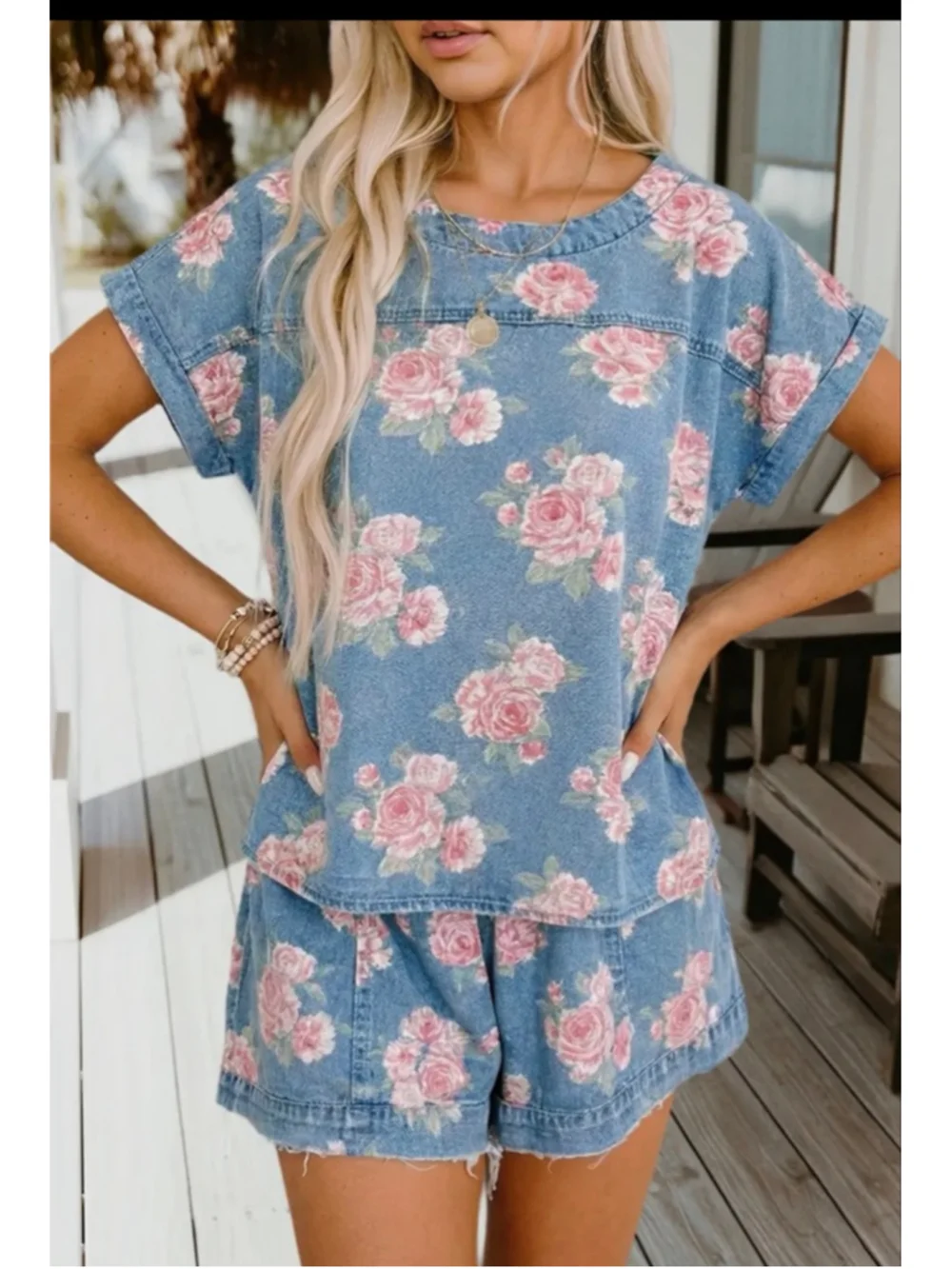 Floral Denim Lounge Set | Rose Print Tee & Shorts 2-Piece Matching Set S-XL